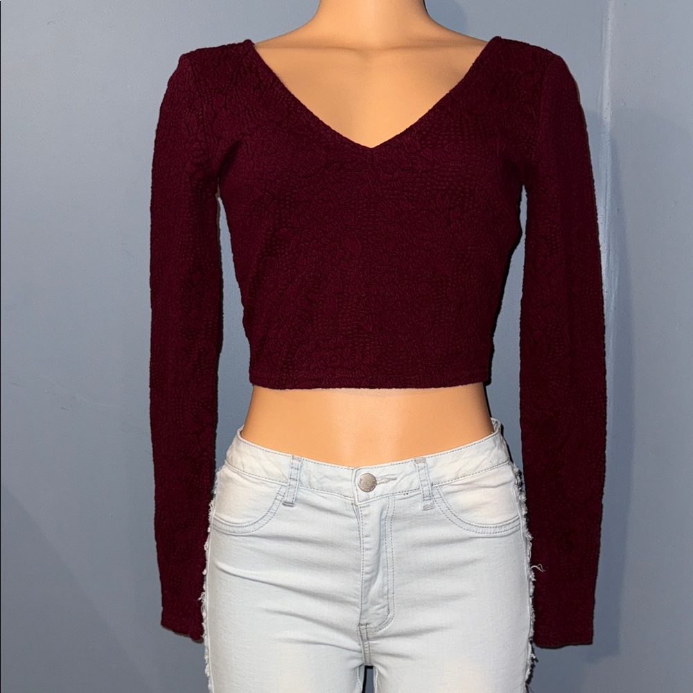 Forever 21 Burgundy Long Sleeve Crop Top - Size Small